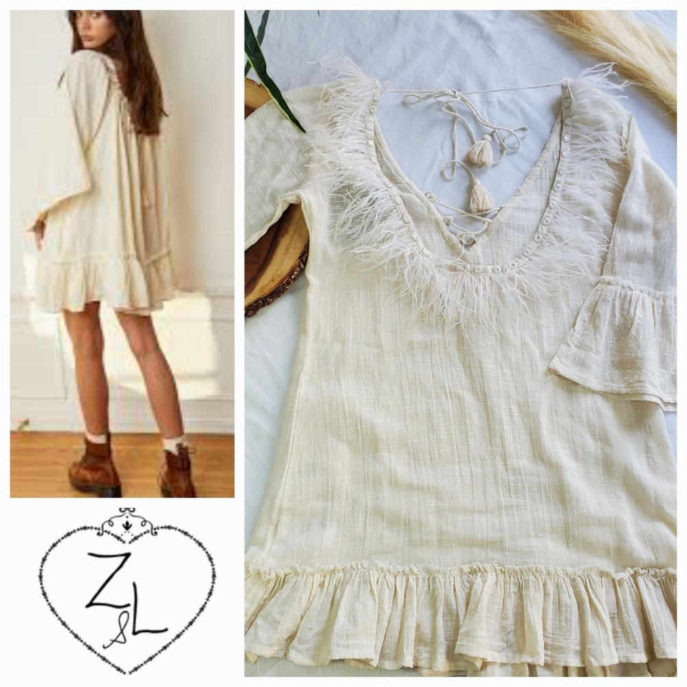 Z&L Europe 100% Woven Cream Cotton Feather Boho Resort Open Back Mini Dr…